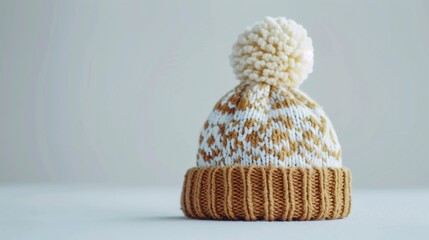 A soft, knitted baby cap with cute patterns and a small pom-pom, placed on a clean white background, capturing its texture and details in high definition.