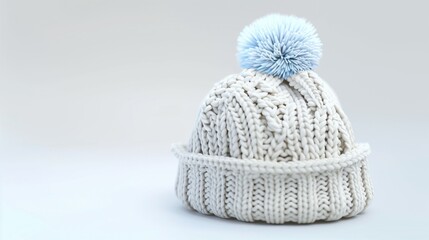 A soft, knitted baby cap with cute patterns and a small pom-pom, placed on a clean white background, capturing its texture and details in high definition.