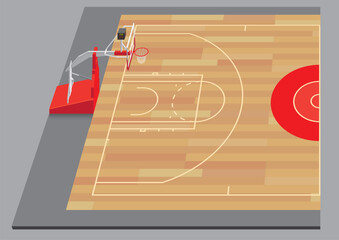 a hard wood basketball half court from side with basketball ring hood