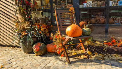 pumpkins and gourds in a basket, Halloween decoration