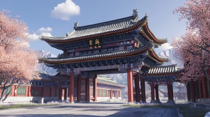 Fototapeta premium Korean and Chinese architectural marvels. Standalone temple, ornate gates. Traditional Chinatown structures.