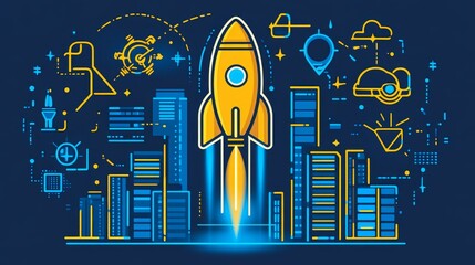 Pixelated Rocket Launch above Futuristic Cityscape Illustration for Innovative Business Concept or Tech Startup Visualization
