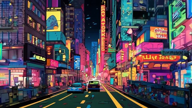 Empty city street at night is illuminated by vibrant neon signs, reflecting in the wet pavement, with towering skyscrapers in the background creating a captivating urban nightscape