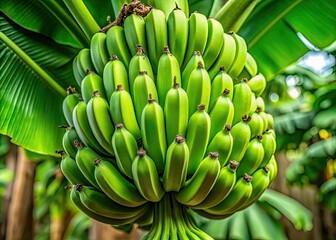 Vibrant green bananas dominate the frame, plantation context, using the rule of thirds.