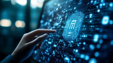 A futuristic advertisement for an AI-powered virtual assistant displayed on a holographic screen