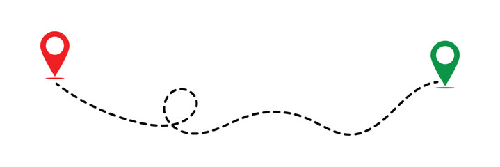 Fototapeta premium Route icon - two points with dotted path and location pin. Route location icon two pin sign and dotted line. Travel vector icon. Travel from start point and dotted line tracing in eps 10.