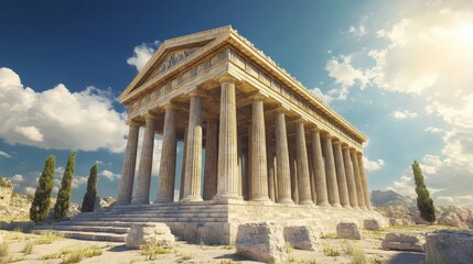 Obraz premium Majestic ancient temple with pillars, resembling the famous Parthenon. An iconic symbol of Roman and Greek architecture, evoking the grandeur of the Roman Empire and the artistic legacy of Greece.