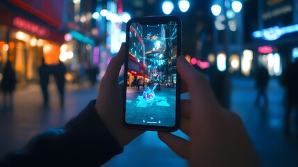 A high-tech ad for a new augmented reality game with interactive features shown on a smartphone