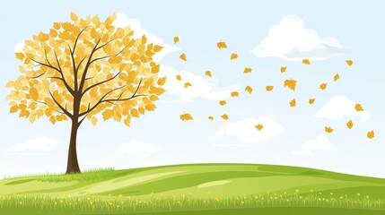 Vector Autumn landscape graphic depicting leaves falling from a golden tree on a green hill under a light blue sky background illustration