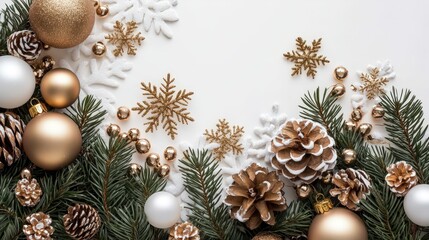 Festive elements beautifully displayed on a golden and white backdrop.