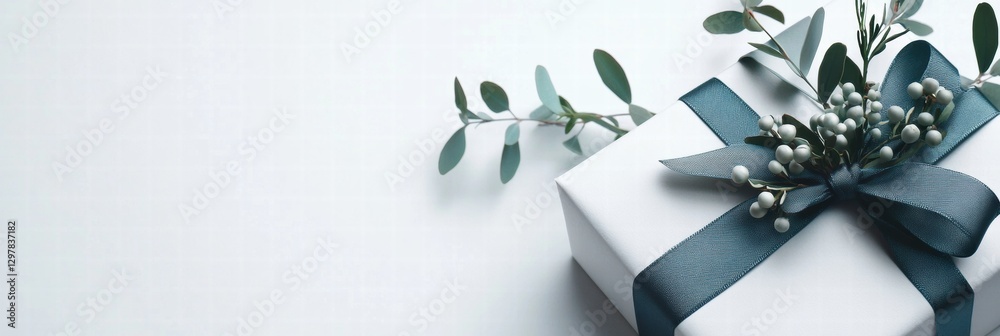 Poster elegant white gift box adorned with teal ribbon and greenery displayed on a light surface. generativ