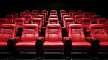 Naklejka premium Empty rows of red seating create a serene atmosphere in the movie theater.