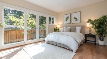 Modern bedroom with patio view, spacious and bright, interior design, perfect for a photoshoot
