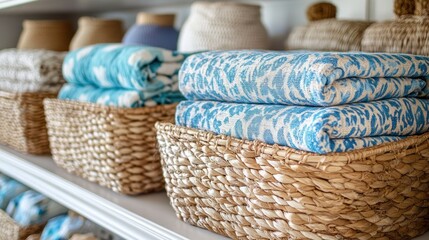 Organized blankets in woven baskets on shelves