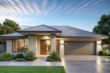 Fototapeta premium Modern Ranch Style Home with Metal Roof and Landscaped Yard at Dusk