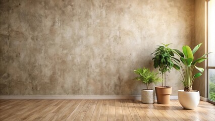 Earthy Textured Wall with Potted Plants in a Sunlit Room
