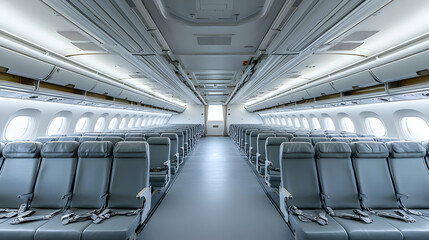 Naklejka premium Empty Aircraft Interior Showing Rows Of Seats And Overhead Compartments With Natural Light Entering From The Windows