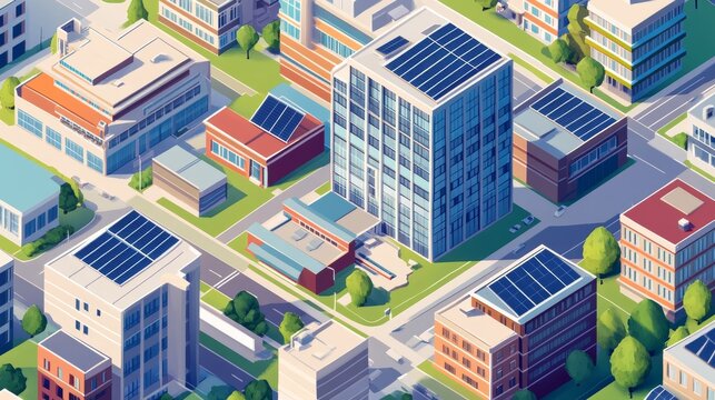 Modern buildings and a skyscraper with solar panels make up an urban scene. This illustration is a 3D dimetric isometric view of a town with office buildings, apartments, and houses.