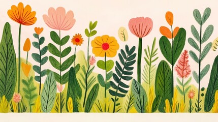 Vibrant botanical illustration with whimsical floral arrangement and textures bringing a cheerful garden essence in a seamless design