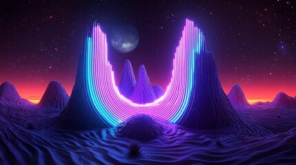 Fototapeta premium Synthwave styled otherworldly landscape with glowing mountains against a stellar sky creating a retro futuristic atmosphere