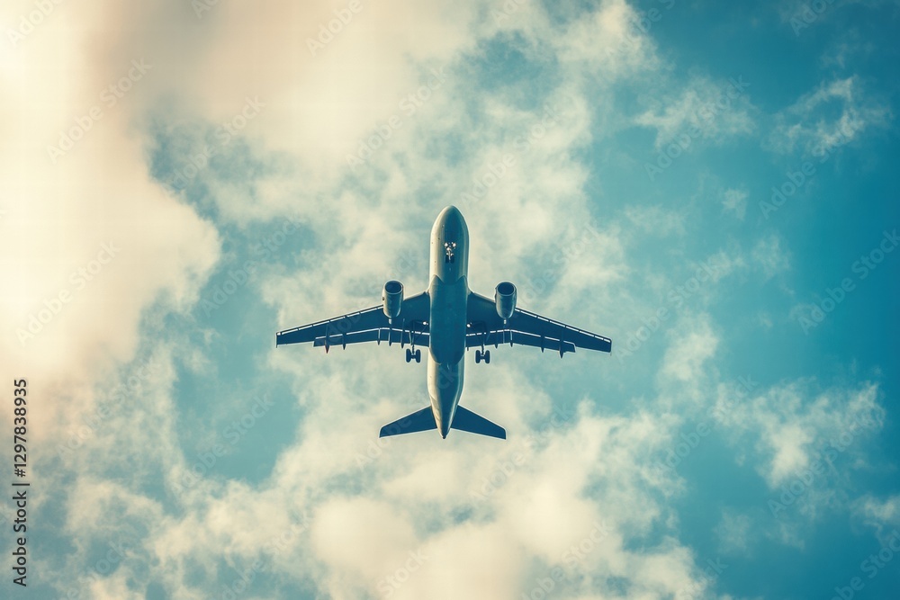 Poster airplane flying through a blue sky filled with soft clouds on a clear day. generative ai