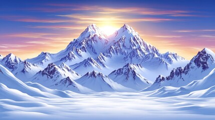 Serene mountain range landscape at twilight with snow-covered peaks bathed in the radiant light of setting sun above the clouds