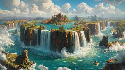 Majestic waterfall paradise with dreamy fantasy castle landscape and clear water cascading down rocky cliffs in natural scenic splendor