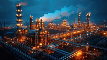 Night view of illuminated oil refinery, complex industrial infrastructure, illuminated pipes and towers.