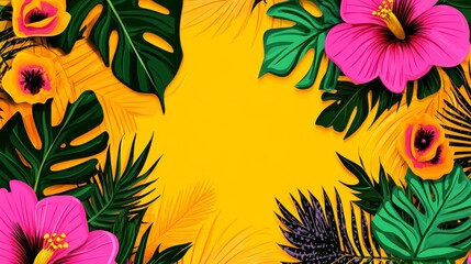 Lush tropical frame vibrant floral border with hibiscus blooms and exotic foliage against sunny yellow backdrop for summer themes
