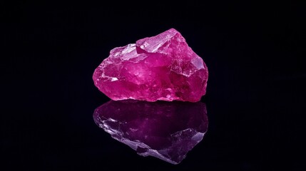 Fototapeta premium Pink sapphire gemstone with imperfections, set against a black background. Collection of raw gemstones.