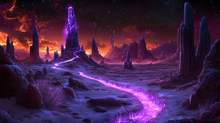 Ethereal landscape with glowing pathways abstract fantasy world horizon and digital art alien terrain cosmic vista background