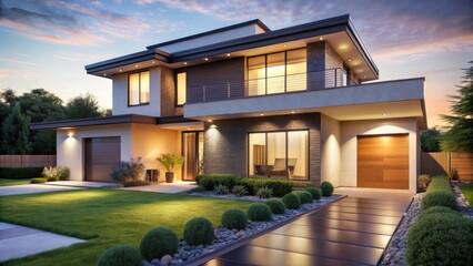 Fototapeta premium Modern Two-Story House with Illuminated Walkway and Landscaped Yard at Dusk