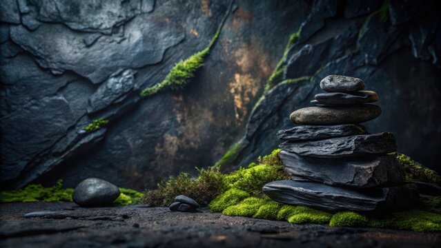 Serene Stack of Dark Stones Nestled in Lush Green Moss Against a Rugged Rock Face