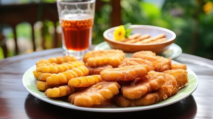 Delicious fried snacks with beverage served outdoors in cozy ambiance