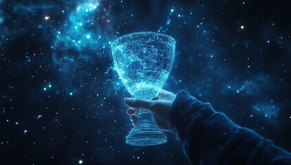 Hand Holding a Glowing Digital Trophy Against a Starry Night Sky
