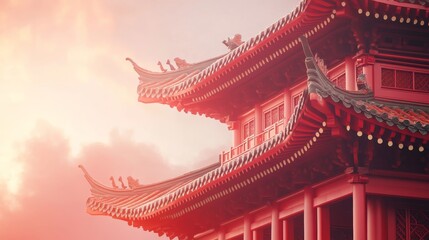 Red temple with a bamboo roof in traditional Chinese style. China and Japan mascot, pagoda castle with columns and Japanese house. Copy space. Ancient oriental palace, decorative pavilion