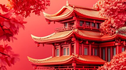 Fototapeta premium Red temple with a bamboo roof in traditional Chinese style. China and Japan mascot, pagoda castle with columns and Japanese house. Copy space. Ancient oriental palace, decorative pavilion