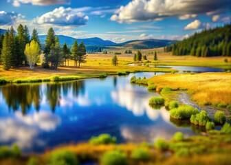 Fototapeta premium Yellowstone's Lamar Valley: a mesmerizing tilt-shift timelapse sweeps across a serene pond, capturing miniature wonder.