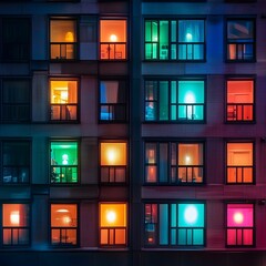 Vibrant building facade with colorful illuminated windows at night.