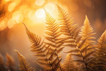 Golden Fern Fronds Illuminated by the Warm Hues of a Setting Sun, a Botanical Masterpiece of Nature's Artistic Expression