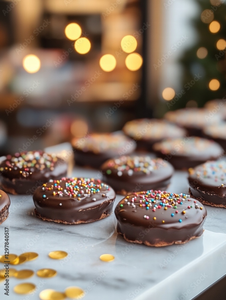 Poster delightful chocolate cookies with colorful sprinkles displayed on a marble surface during festive se
