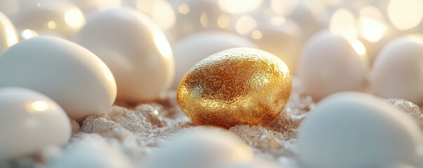 Golden egg amidst white eggs on textured surface