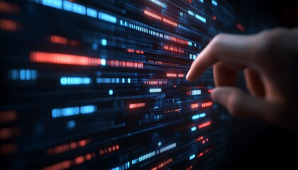 Hand touches data display, dark background. Concept
