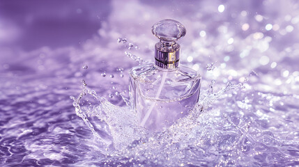 Perfume bottle and water splash on baby violet background Close-up photo with clean background.