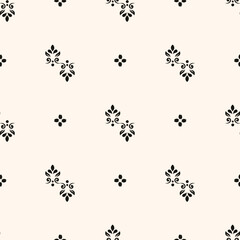 Simple minimalist floral pattern. Minimal seamless texture with small flower shapes. Abstract black and white geometric background. For print, package