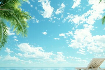 Fototapeta premium Relaxation spot by the ocean under clear blue sky and palm trees during sunny day. Generative AI