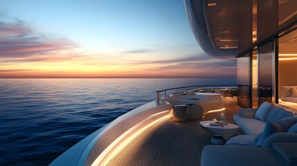 Fototapeta premium Luxury Yacht at Sunset: A modern yacht's deck overlooks a tranquil sea, the setting sun casting a golden glow over the horizon, evoking feelings of luxury and serenity. 