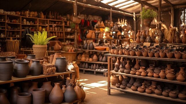 Rustic pottery emporium showcasing handcrafted ceramics and earthenware artifacts