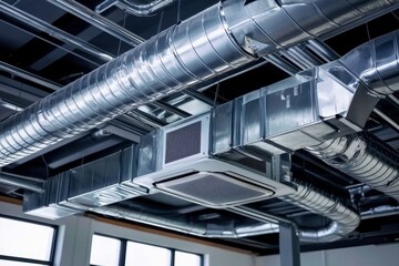 Obraz premium Chrome plated pipes designed for optimal airflow under the ceiling.