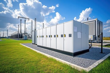 Obraz premium Modern Electrical Substation on Sunny Day
